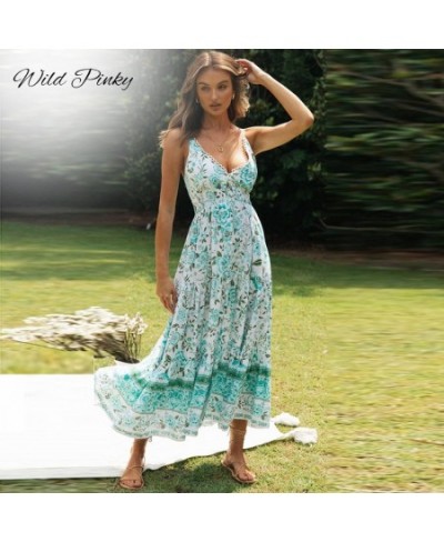 Boho Elegant Print Women Summer Dress Sleeveless Lace Up V-neck Female Midi Dress A-line Ladies Green Dress Vestidos $39.08 -...