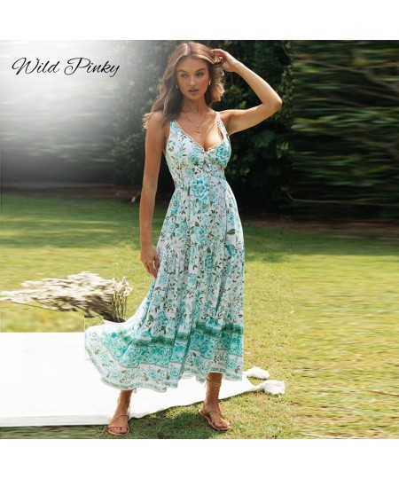 Boho Elegant Print Women Summer Dress Sleeveless Lace Up V-neck Female Midi Dress A-line Ladies Green Dress Vestidos $39.08 -...