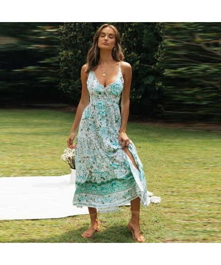 Boho Elegant Print Women Summer Dress Sleeveless Lace Up V-neck Female Midi Dress A-line Ladies Green Dress Vestidos $39.08 -...