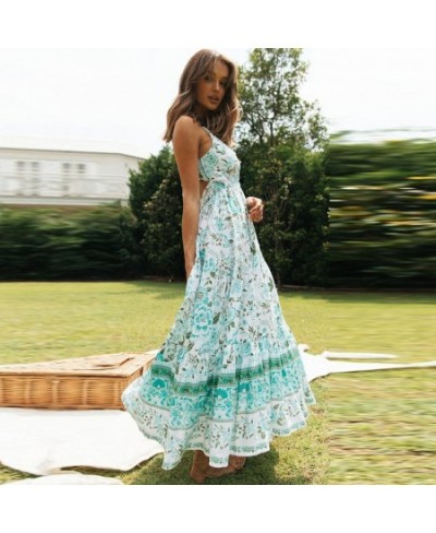 Boho Elegant Print Women Summer Dress Sleeveless Lace Up V-neck Female Midi Dress A-line Ladies Green Dress Vestidos $39.08 -...