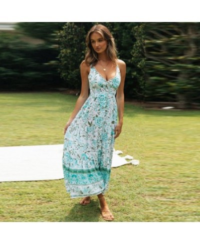 Boho Elegant Print Women Summer Dress Sleeveless Lace Up V-neck Female Midi Dress A-line Ladies Green Dress Vestidos $39.08 -...