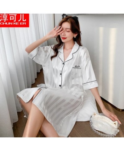 2022 New Women's Nightwear Summer Thin Shirt Skirt Simple Short Sleeve Snow Silk Nightdress Robes for Women Bathrobe $24.32 -...