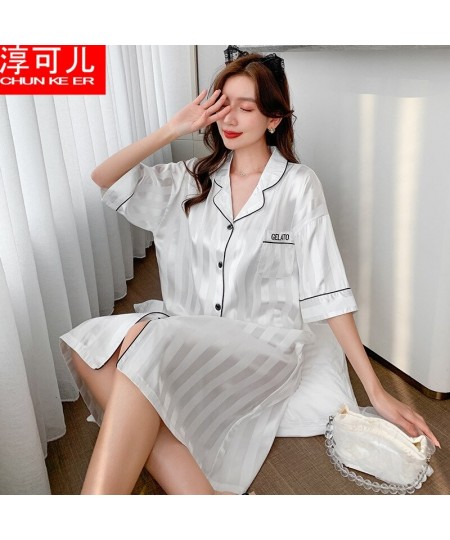 2022 New Women's Nightwear Summer Thin Shirt Skirt Simple Short Sleeve Snow Silk Nightdress Robes for Women Bathrobe $24.32 -...