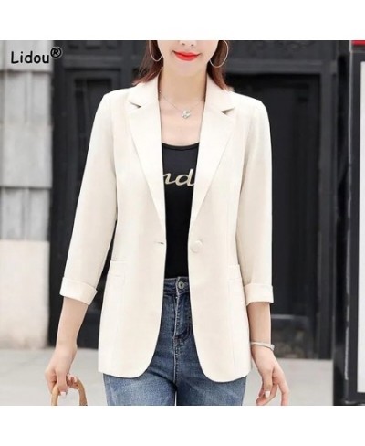 Office Lady Fashion Formal Solid Color Button Pocket Notched Loose Intellectual Three Quarter Sleeve Women's Clothing Summer ...