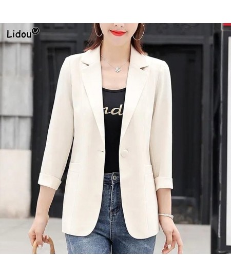 Office Lady Fashion Formal Solid Color Button Pocket Notched Loose Intellectual Three Quarter Sleeve Women's Clothing Summer ...