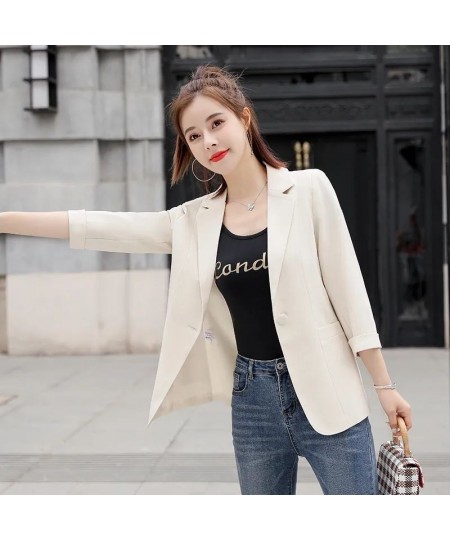 Office Lady Fashion Formal Solid Color Button Pocket Notched Loose Intellectual Three Quarter Sleeve Women's Clothing Summer ...