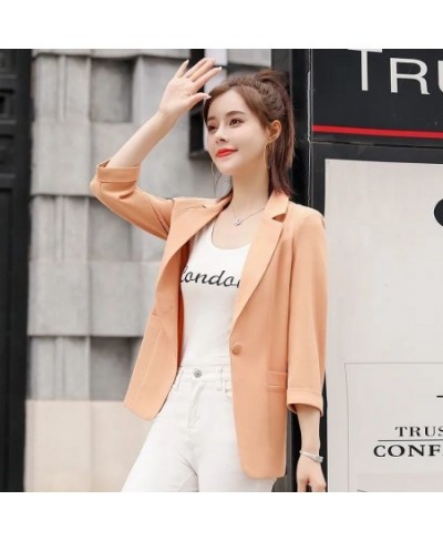 Office Lady Fashion Formal Solid Color Button Pocket Notched Loose Intellectual Three Quarter Sleeve Women's Clothing Summer ...