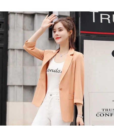 Office Lady Fashion Formal Solid Color Button Pocket Notched Loose Intellectual Three Quarter Sleeve Women's Clothing Summer ...