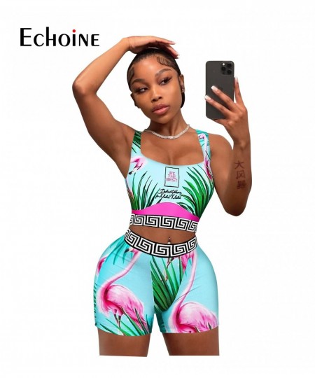 Echoine Women Summer Print Sexy Pullover Vest Top And Shorts Two 2 Piece Set Casual Slim Holiday Commuting Beach Party Outfit...