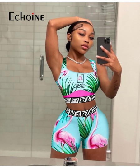 Echoine Women Summer Print Sexy Pullover Vest Top And Shorts Two 2 Piece Set Casual Slim Holiday Commuting Beach Party Outfit...