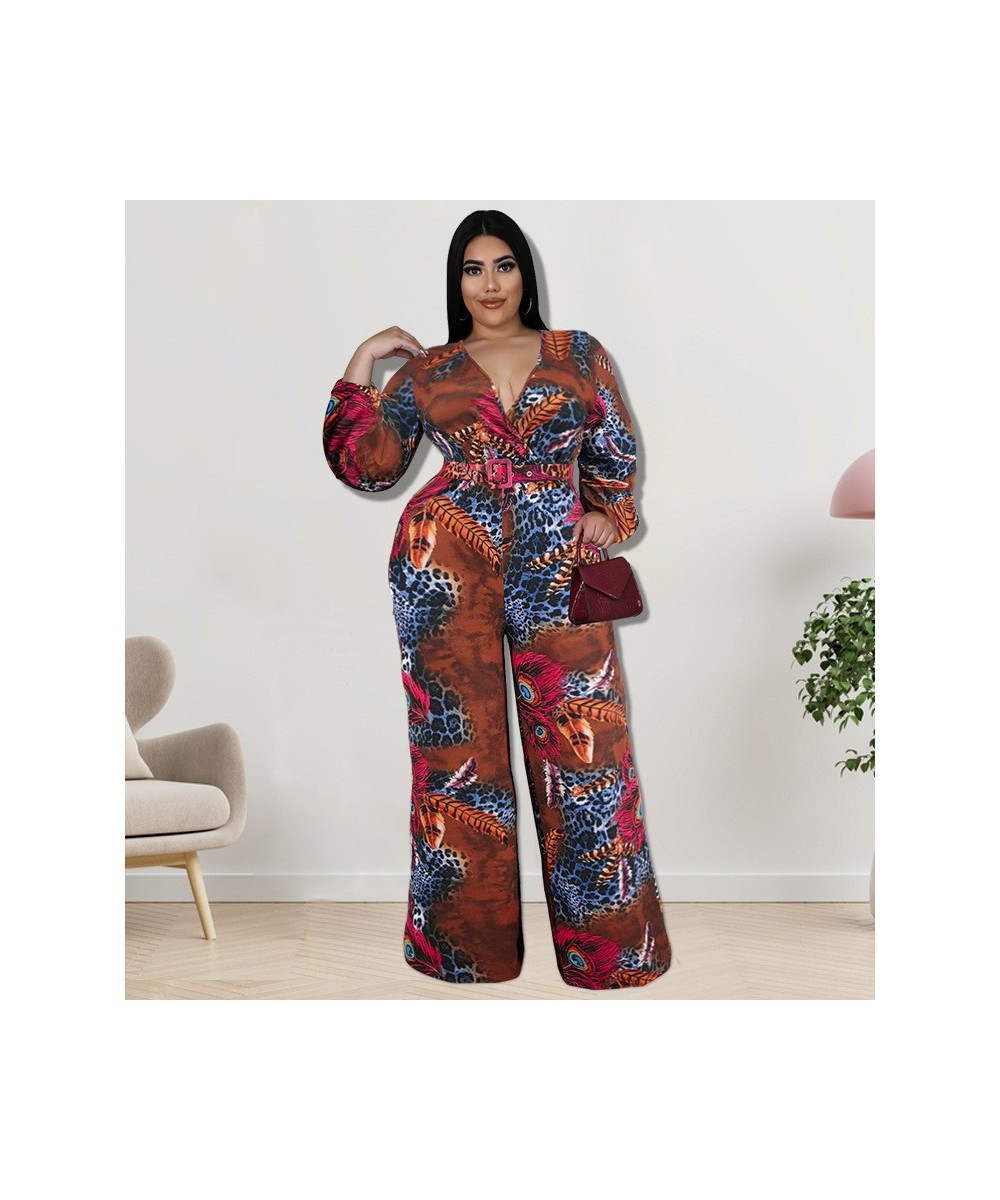 Plus Size Women Elegant Sashes Waist Long Sleeve Deep V-neck Peacock Jumpsuit 2022 Summer One Piece Set Overall Playsuit $52....