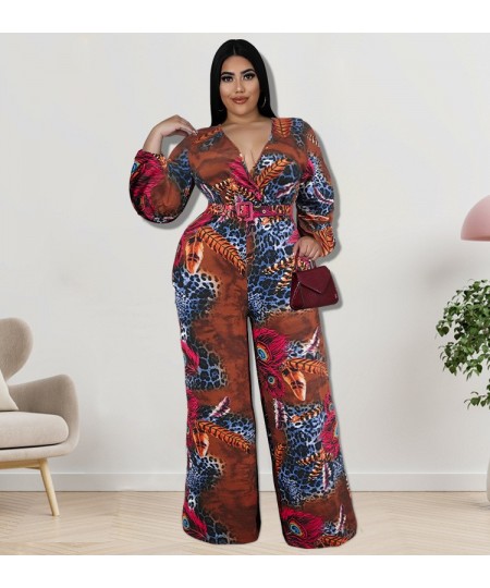 Plus Size Women Elegant Sashes Waist Long Sleeve Deep V-neck Peacock Jumpsuit 2022 Summer One Piece Set Overall Playsuit $52....