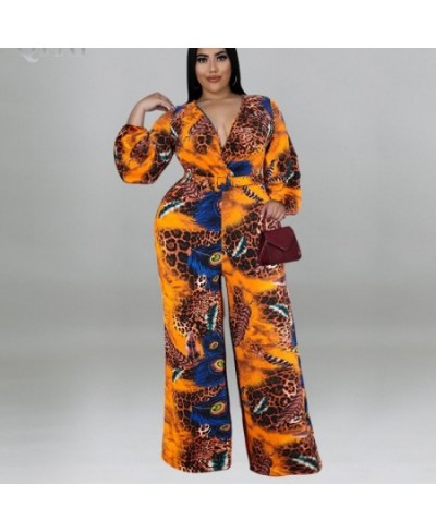 Plus Size Women Elegant Sashes Waist Long Sleeve Deep V-neck Peacock Jumpsuit 2022 Summer One Piece Set Overall Playsuit $52....