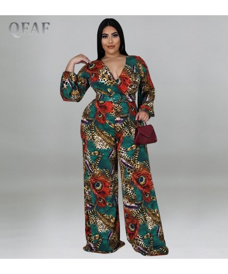 Plus Size Women Elegant Sashes Waist Long Sleeve Deep V-neck Peacock Jumpsuit 2022 Summer One Piece Set Overall Playsuit $52....