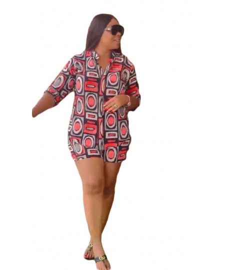 African Summer Plus Size Women Clothes Two Piece Set 2022 Red Print Africa Blouse and Shorts Casual Women's Suits $50.11 - Pl...