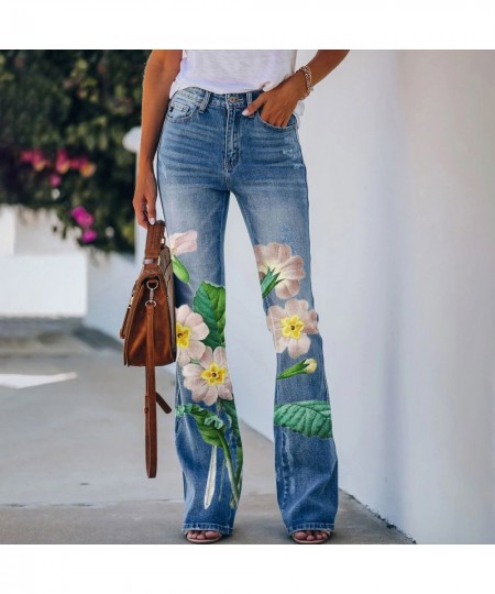 Womens Casual Printed Pattern Loose Flared Hem Jeans Stretch Flared Bottoms Pants $41.08 - Jeans