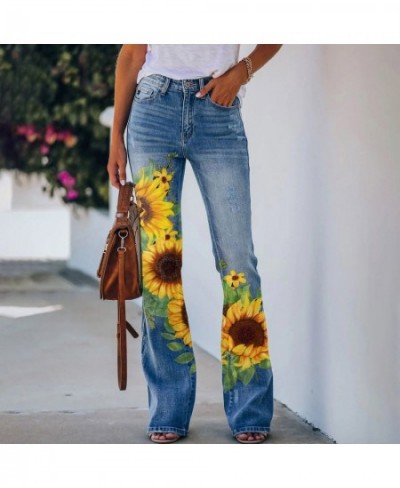 Womens Casual Printed Pattern Loose Flared Hem Jeans Stretch Flared Bottoms Pants $41.08 - Jeans