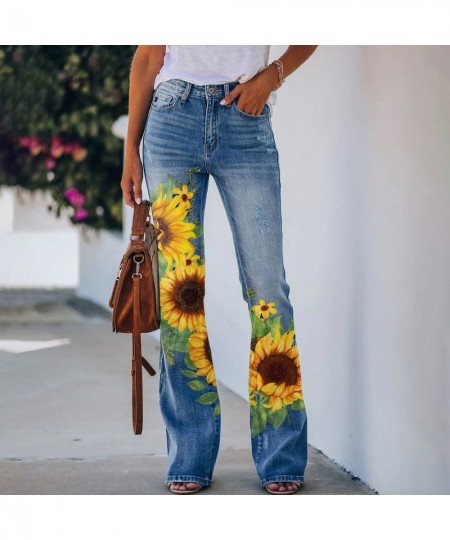 Womens Casual Printed Pattern Loose Flared Hem Jeans Stretch Flared Bottoms Pants $41.08 - Jeans