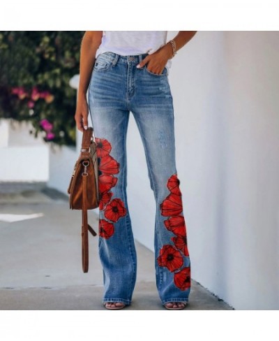 Womens Casual Printed Pattern Loose Flared Hem Jeans Stretch Flared Bottoms Pants $41.08 - Jeans