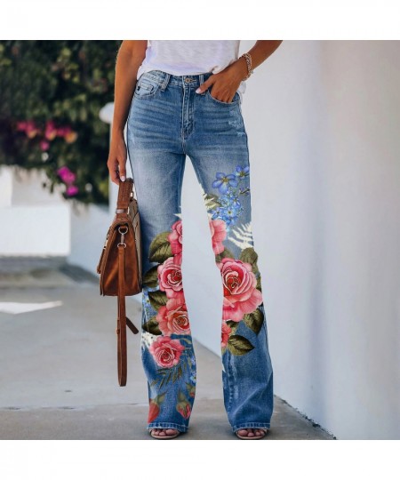 Womens Casual Printed Pattern Loose Flared Hem Jeans Stretch Flared Bottoms Pants $41.08 - Jeans