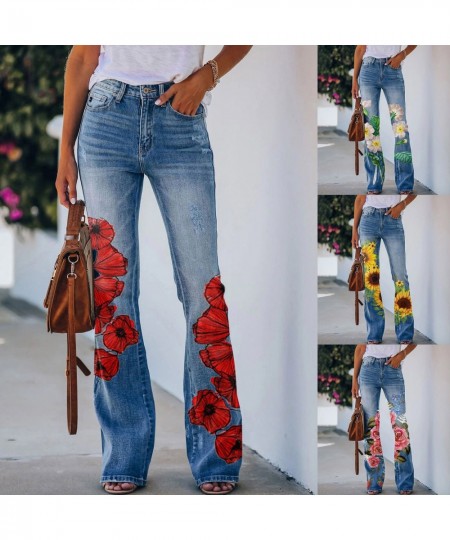 Womens Casual Printed Pattern Loose Flared Hem Jeans Stretch Flared Bottoms Pants $41.08 - Jeans