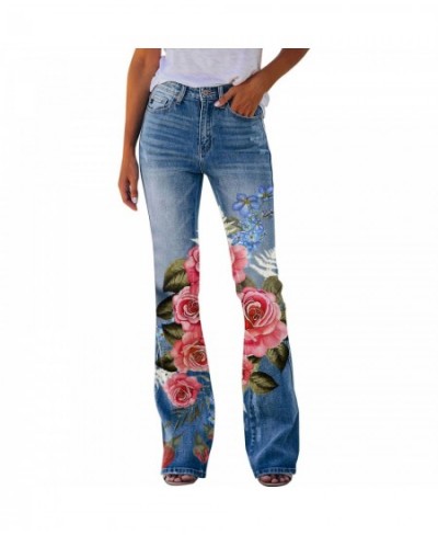 Womens Casual Printed Pattern Loose Flared Hem Jeans Stretch Flared Bottoms Pants $41.08 - Jeans