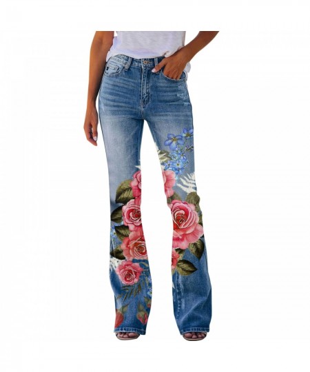 Womens Casual Printed Pattern Loose Flared Hem Jeans Stretch Flared Bottoms Pants $41.08 - Jeans