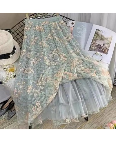 Vintage Embroidery Tulle Skirt Women Spring Flower Elastic High Waist lace Midi Skirt Korean Style Elegant A-line Mujer Falda...