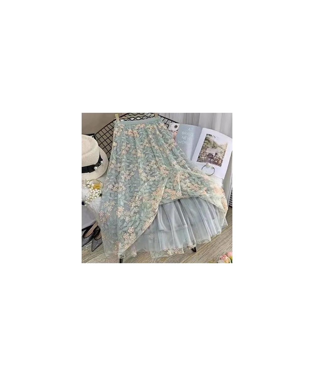 Vintage Embroidery Tulle Skirt Women Spring Flower Elastic High Waist lace Midi Skirt Korean Style Elegant A-line Mujer Falda...