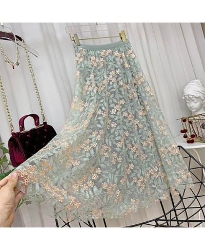 Vintage Embroidery Tulle Skirt Women Spring Flower Elastic High Waist lace Midi Skirt Korean Style Elegant A-line Mujer Falda...