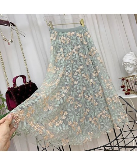 Vintage Embroidery Tulle Skirt Women Spring Flower Elastic High Waist lace Midi Skirt Korean Style Elegant A-line Mujer Falda...