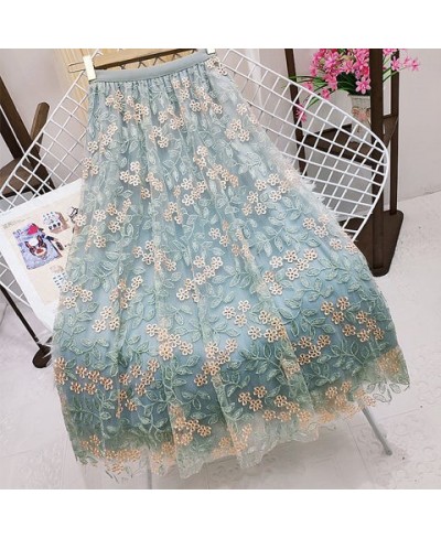 Vintage Embroidery Tulle Skirt Women Spring Flower Elastic High Waist lace Midi Skirt Korean Style Elegant A-line Mujer Falda...