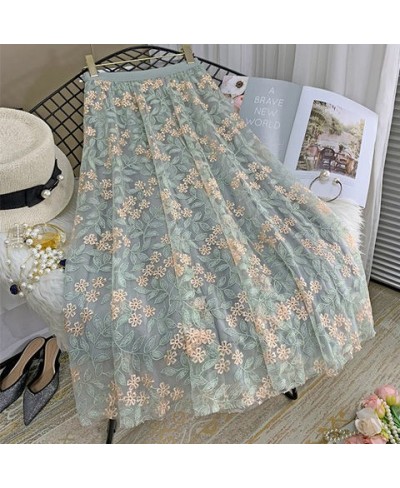 Vintage Embroidery Tulle Skirt Women Spring Flower Elastic High Waist lace Midi Skirt Korean Style Elegant A-line Mujer Falda...