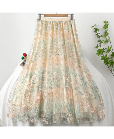 Vintage Embroidery Tulle Skirt Women Spring Flower Elastic High Waist lace Midi Skirt Korean Style Elegant A-line Mujer Falda...