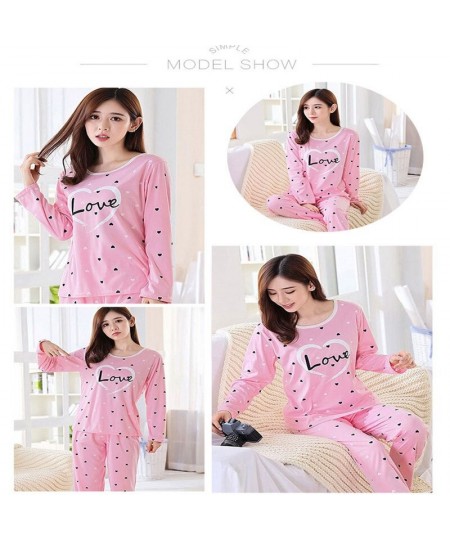 Women Autumn Winter Pajamas Set Cartoon Printed Long-sleeved Love Heart Print O-neck Pajamas + Sleep Pants $21.50 - Sleepwears