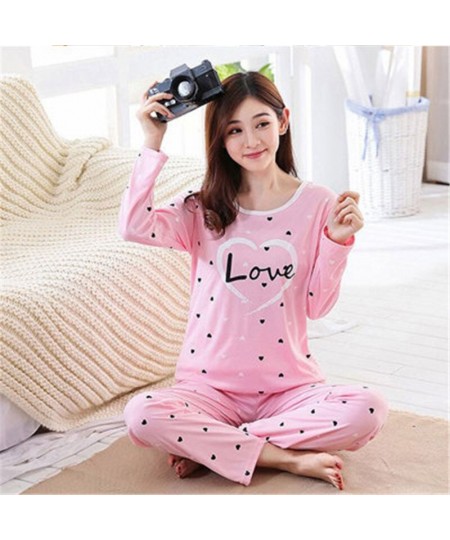 Women Autumn Winter Pajamas Set Cartoon Printed Long-sleeved Love Heart Print O-neck Pajamas + Sleep Pants $21.50 - Sleepwears