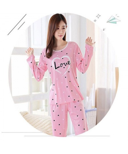 Women Autumn Winter Pajamas Set Cartoon Printed Long-sleeved Love Heart Print O-neck Pajamas + Sleep Pants $21.50 - Sleepwears