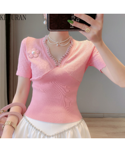 2023 Summer Slim Hollow Out Flower Beaded Short Sleeve Sweater Women Knit T-Shirts V-Neck Thin Ice Silk Knitwear Tops Female ...