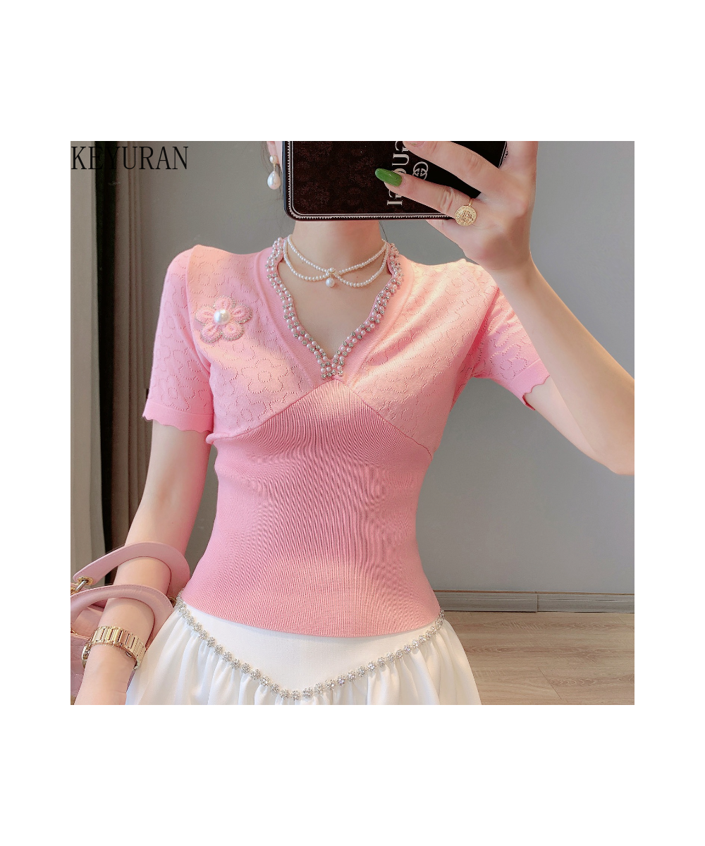 2023 Summer Slim Hollow Out Flower Beaded Short Sleeve Sweater Women Knit T-Shirts V-Neck Thin Ice Silk Knitwear Tops Female ...