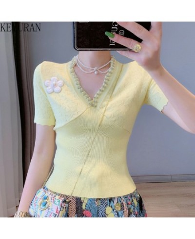 2023 Summer Slim Hollow Out Flower Beaded Short Sleeve Sweater Women Knit T-Shirts V-Neck Thin Ice Silk Knitwear Tops Female ...