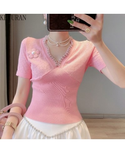 2023 Summer Slim Hollow Out Flower Beaded Short Sleeve Sweater Women Knit T-Shirts V-Neck Thin Ice Silk Knitwear Tops Female ...