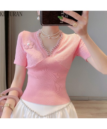 2023 Summer Slim Hollow Out Flower Beaded Short Sleeve Sweater Women Knit T-Shirts V-Neck Thin Ice Silk Knitwear Tops Female ...