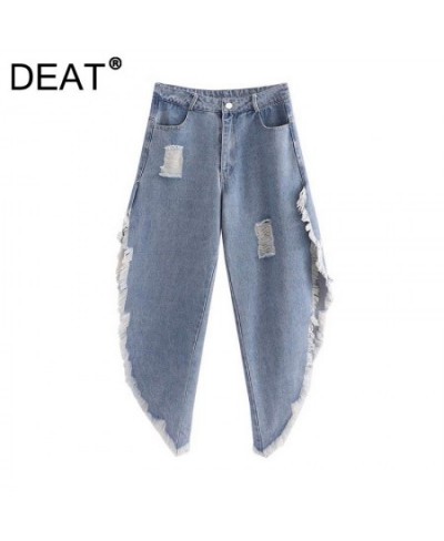 2023 Autumn Women's Jeans New Fashion Loose Straight Irregular Holes Pocket Blue Denim Pants Female Streetwear 13C407 $39.94 ...