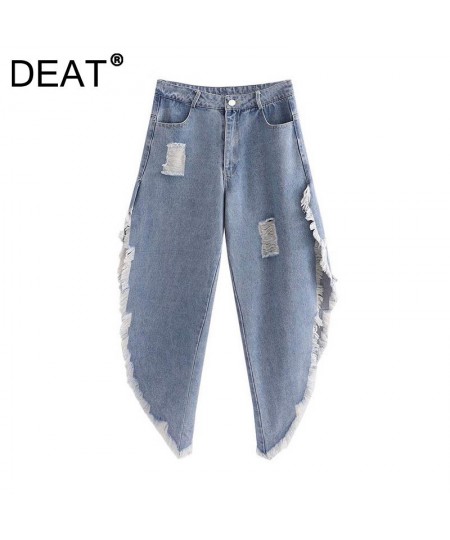 2023 Autumn Women's Jeans New Fashion Loose Straight Irregular Holes Pocket Blue Denim Pants Female Streetwear 13C407 $39.94 ...