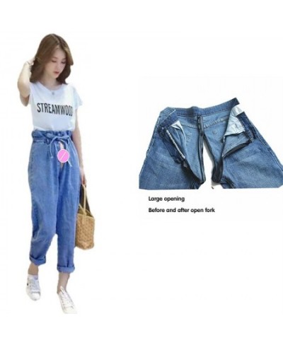 Retro Drawstring High Waist Jeans Women's Invisible Open-Seat Pants Outdoor Convenient Loose Straight Trousers Denim Harem $6...