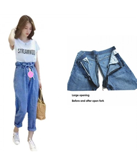 Retro Drawstring High Waist Jeans Women's Invisible Open-Seat Pants Outdoor Convenient Loose Straight Trousers Denim Harem $6...