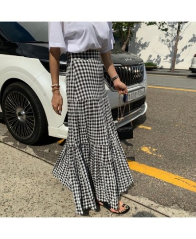 South Korea ins summer fashion temperament high waist cover meat show thin big skirt drape stitching long plaid skirt $47.90 ...