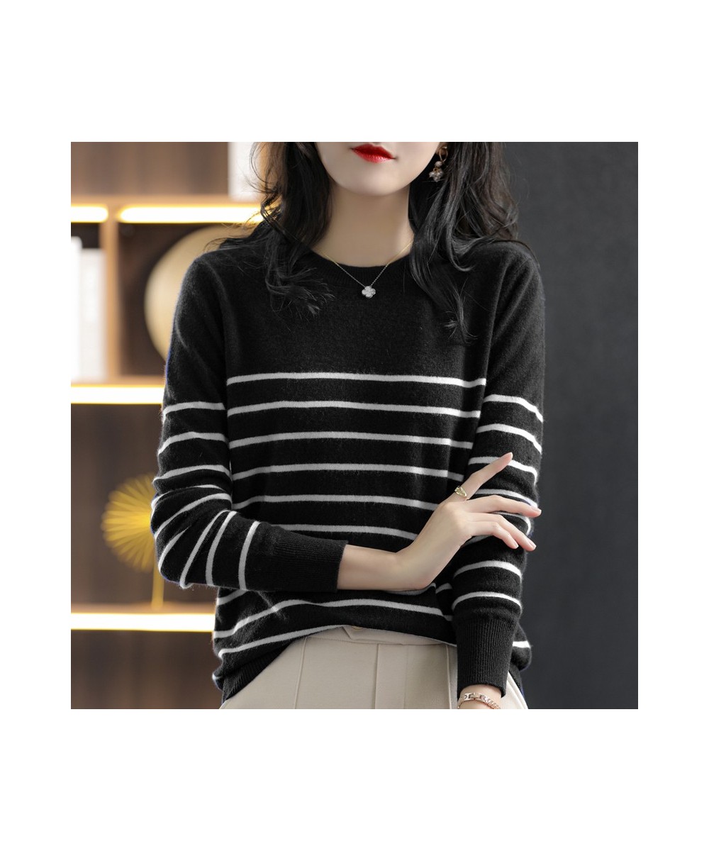 100% Cotton Knitted Sweater Women's Sweater Striped Color Matching Round Neck Large Size Loose Temperament Long Sleeve $35.85...