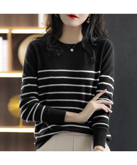 100% Cotton Knitted Sweater Women's Sweater Striped Color Matching Round Neck Large Size Loose Temperament Long Sleeve $35.85...