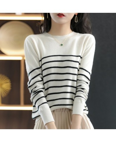 100% Cotton Knitted Sweater Women's Sweater Striped Color Matching Round Neck Large Size Loose Temperament Long Sleeve $35.85...